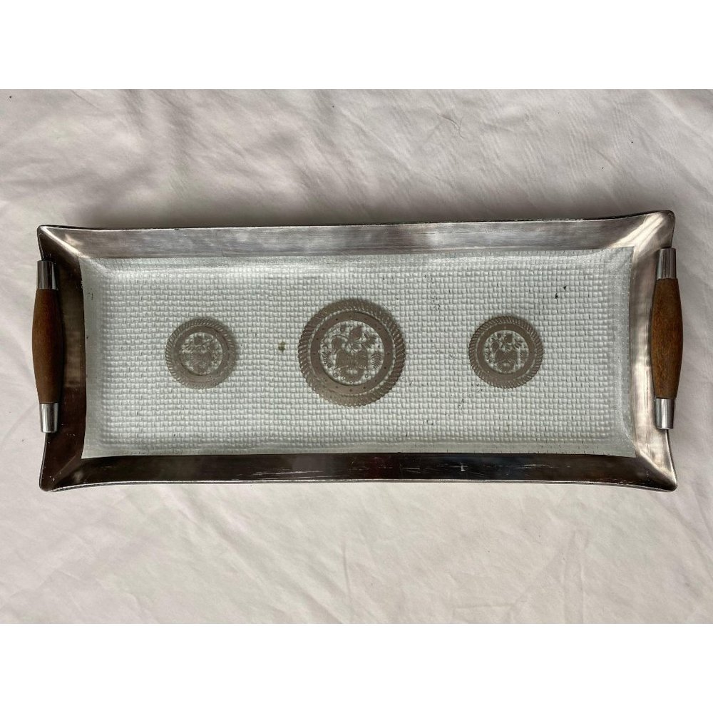 Mid century Georges Briard silver embossed tray w/teak handles